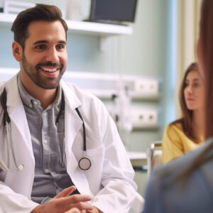 Doctor discussing fertility options with a patient's family in a well-lit hospital room